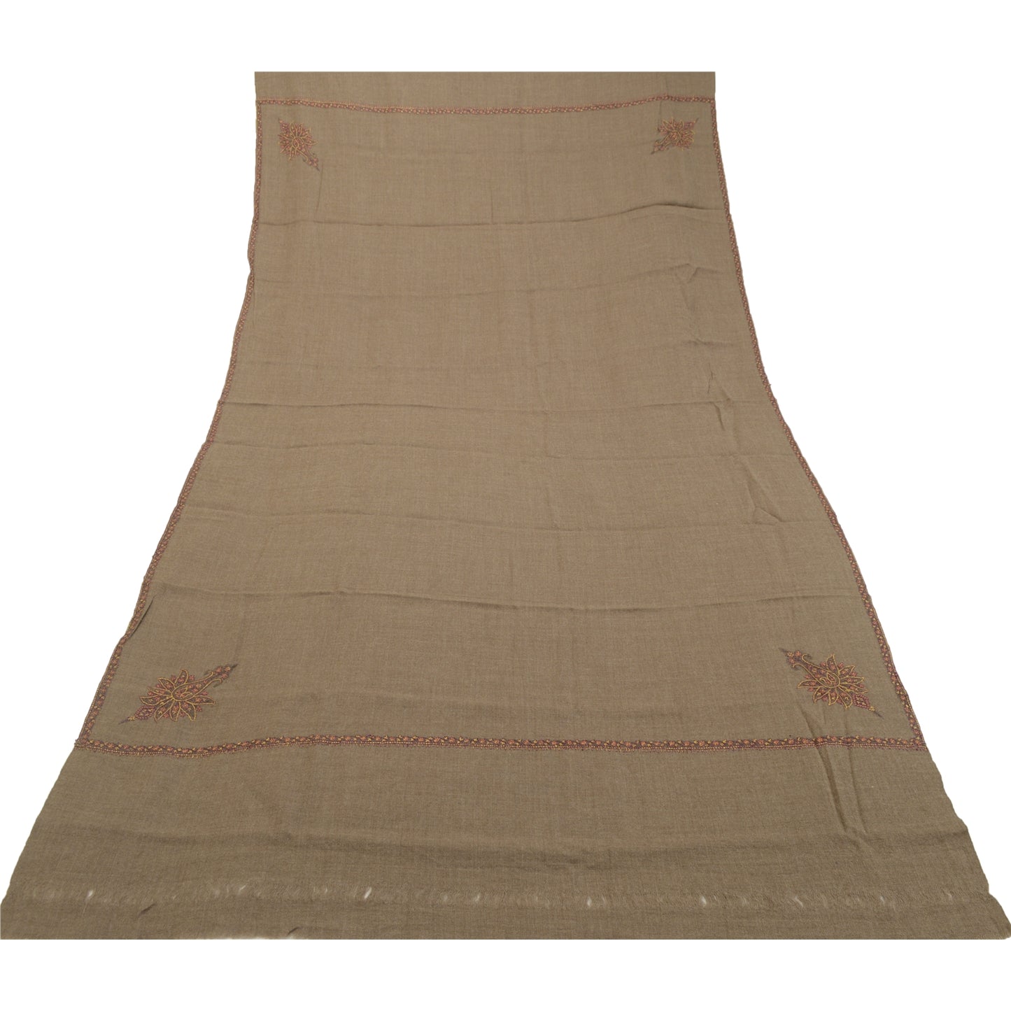 Sanskriti Vintage Brown Long Shawl Handmade Suzani Work Pure Woollen Scarf Stole