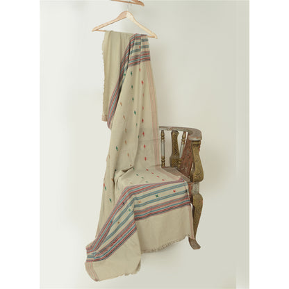 Sanskriti Vintage Long Shawl Pure Woollen Ivory Hand-Woven Scarf Throw Stole