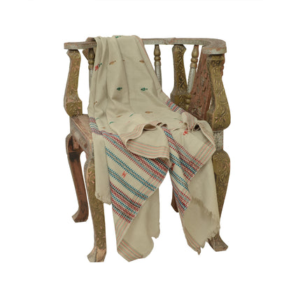 Sanskriti Vintage Long Shawl Pure Woollen Ivory Hand-Woven Scarf Throw Stole
