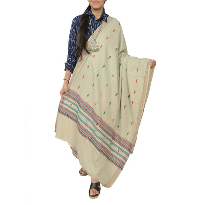 Sanskriti Vintage Long Shawl Pure Woollen Ivory Hand-Woven Scarf Throw Stole