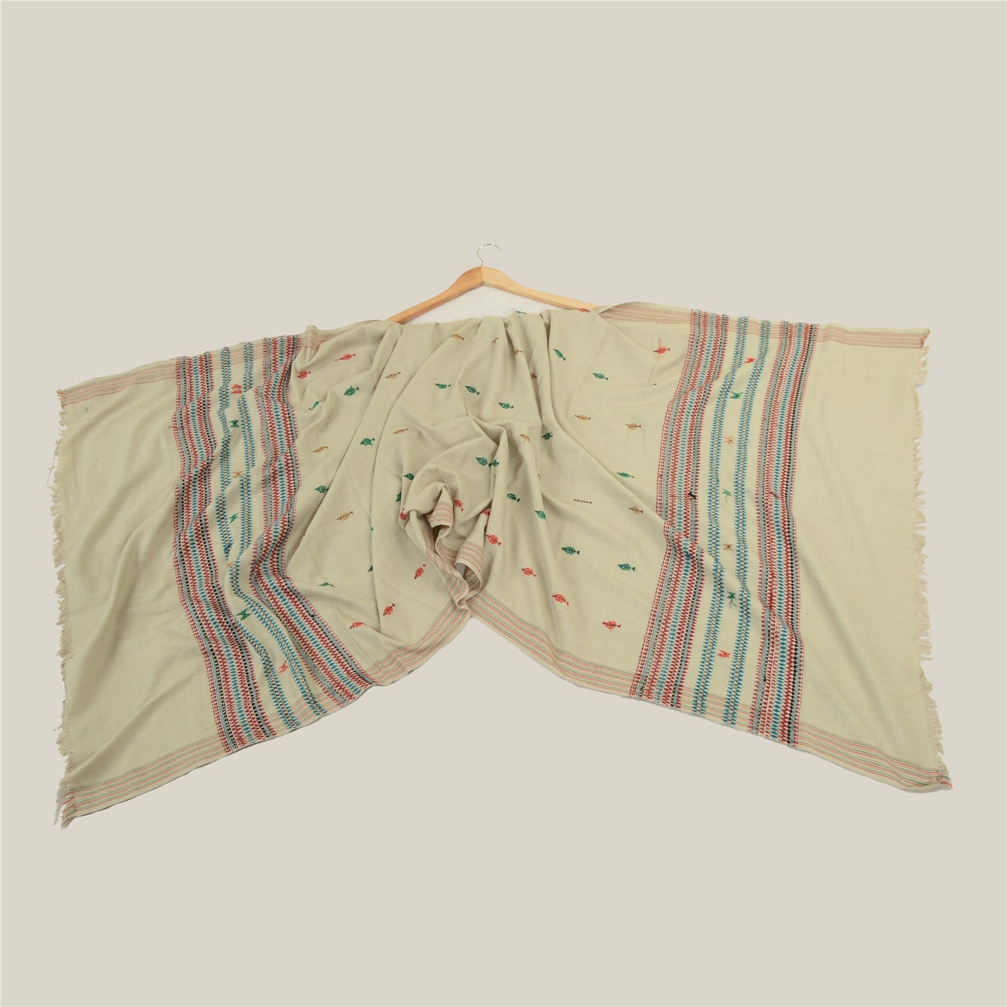 Sanskriti Vintage Long Shawl Pure Woollen Ivory Hand-Woven Scarf Throw Stole