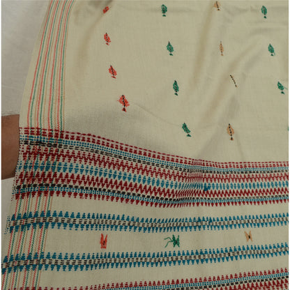 Sanskriti Vintage Long Shawl Pure Woollen Ivory Hand-Woven Scarf Throw Stole
