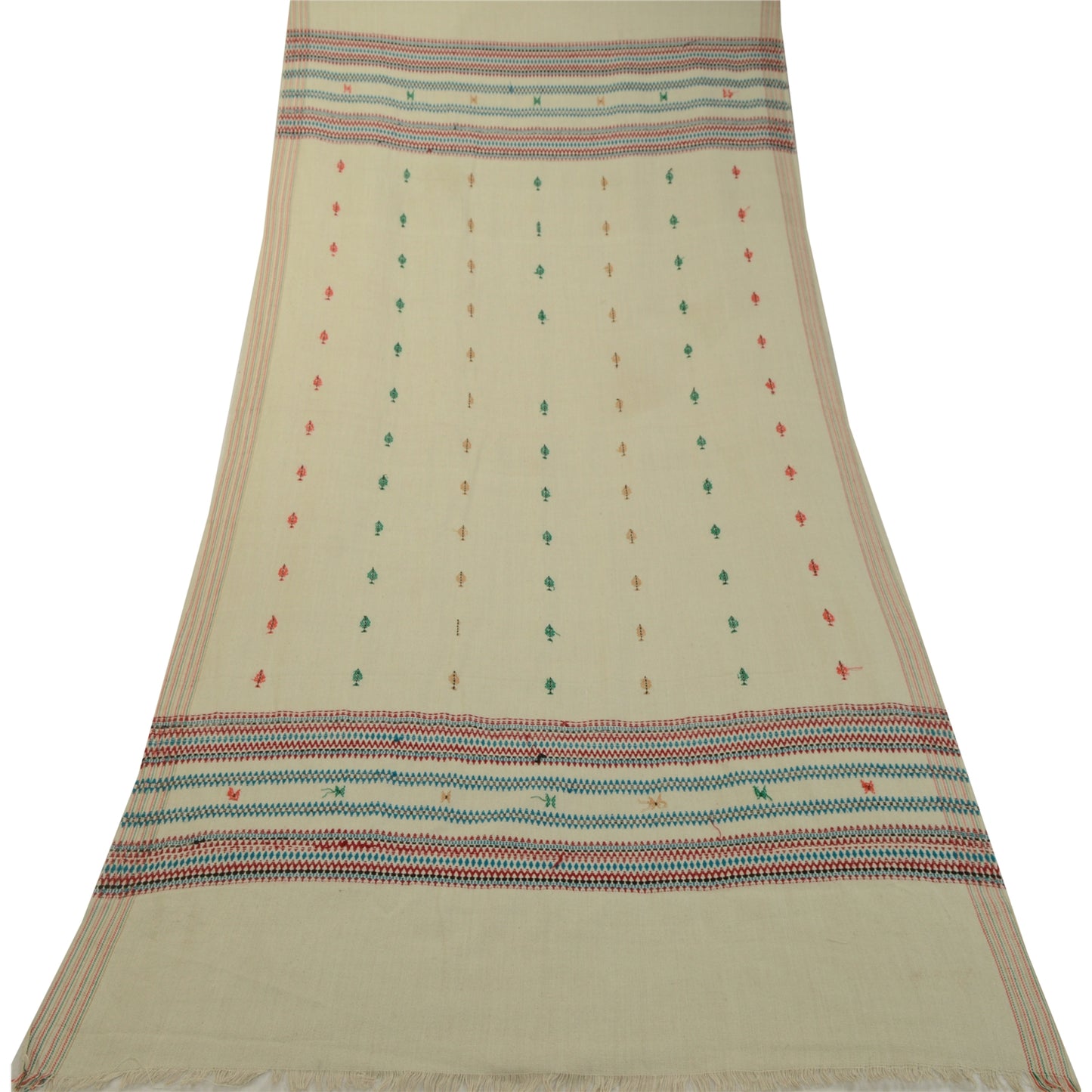 Sanskriti Vintage Long Shawl Pure Woollen Ivory Hand-Woven Scarf Throw Stole