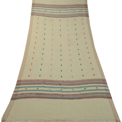 Sanskriti Vintage Long Shawl Pure Woollen Ivory Hand-Woven Scarf Throw Stole
