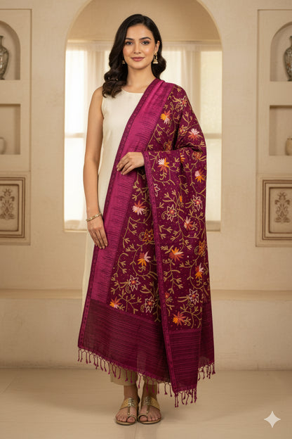 Sanskriti Vintage Purple Long Shawl Handmade Ari Work Viscose Scarf Throw Stole