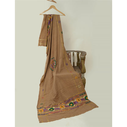 Sanskriti Vintage Long Shawl Brown Woollen Hand Embroidered Scarf Stole