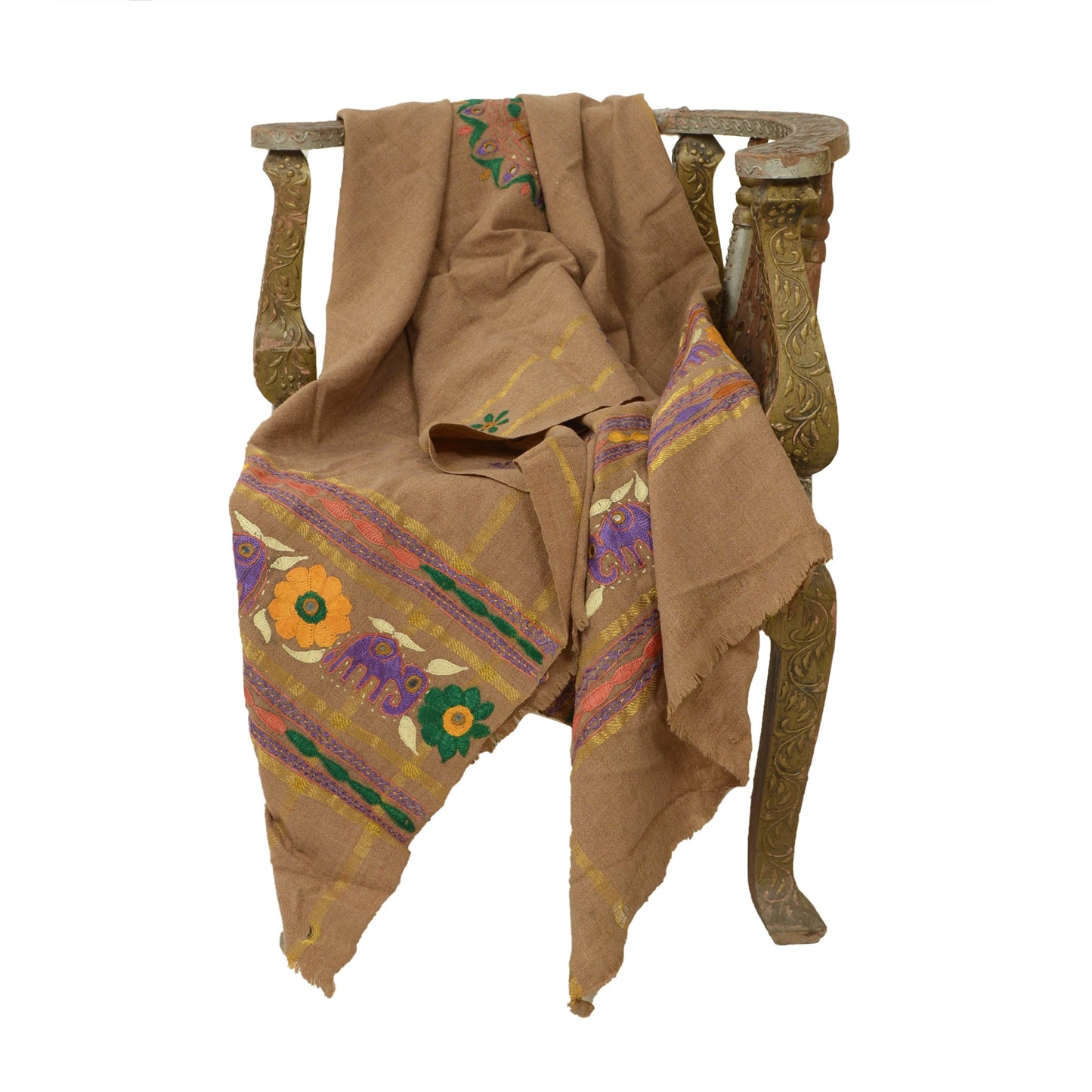 Sanskriti Vintage Long Shawl Brown Woollen Hand Embroidered Scarf Stole