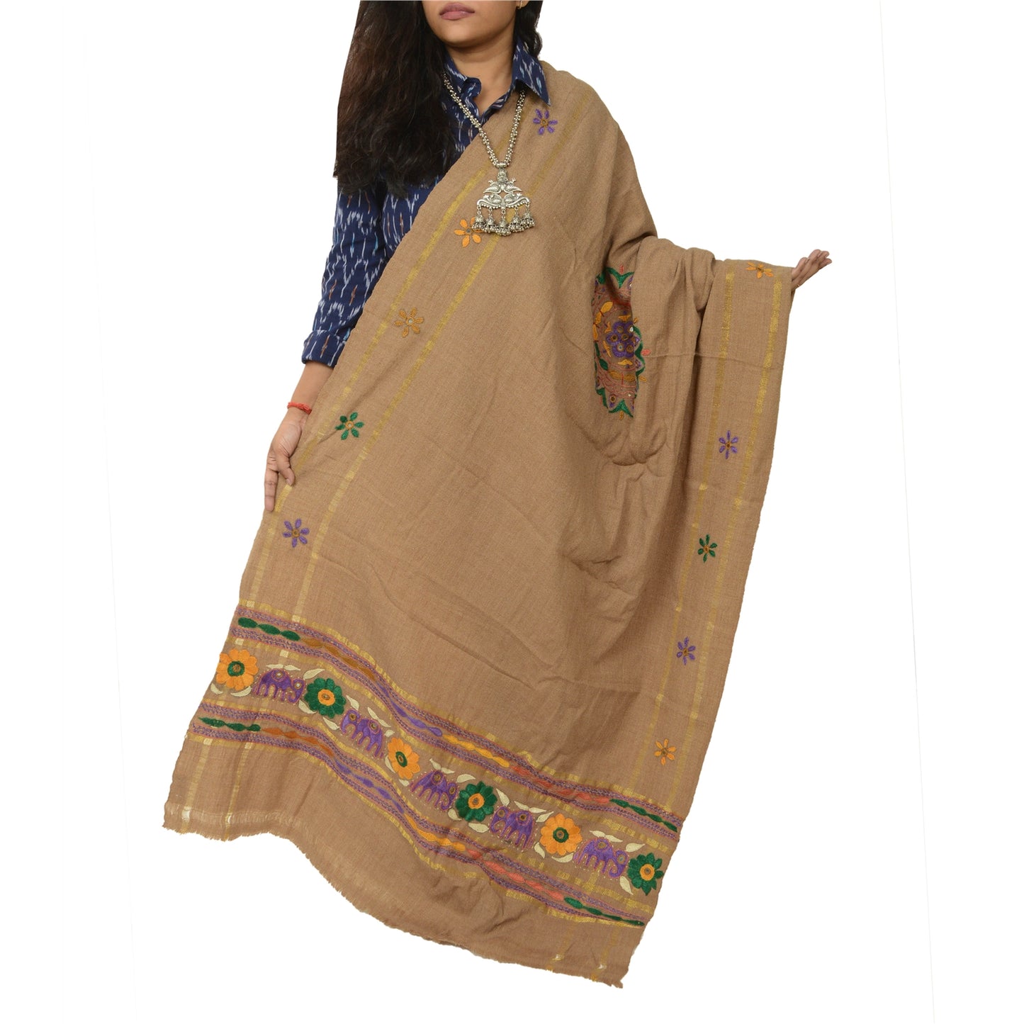 Sanskriti Vintage Long Shawl Brown Woollen Hand Embroidered Scarf Stole