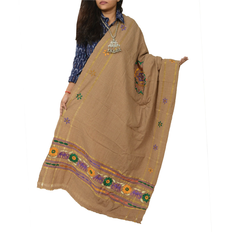 Sanskriti Vintage Long Shawl Brown Woollen Hand Embroidered Scarf Stole