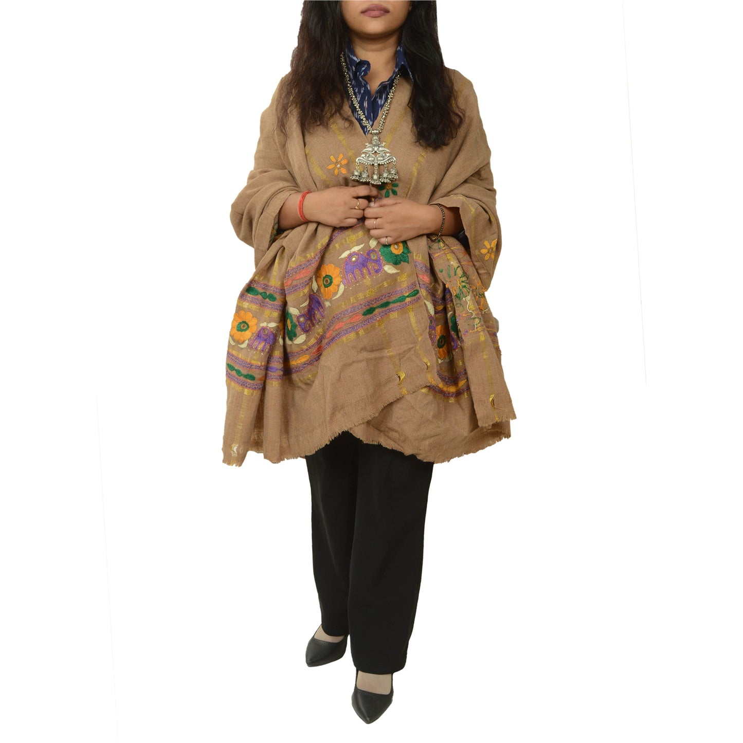 Sanskriti Vintage Long Shawl Brown Woollen Hand Embroidered Scarf Stole
