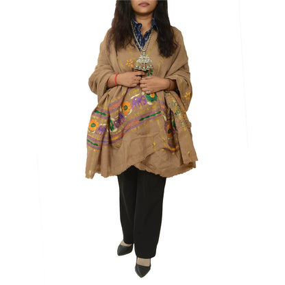 Sanskriti Vintage Long Shawl Brown Woollen Hand Embroidered Scarf Stole