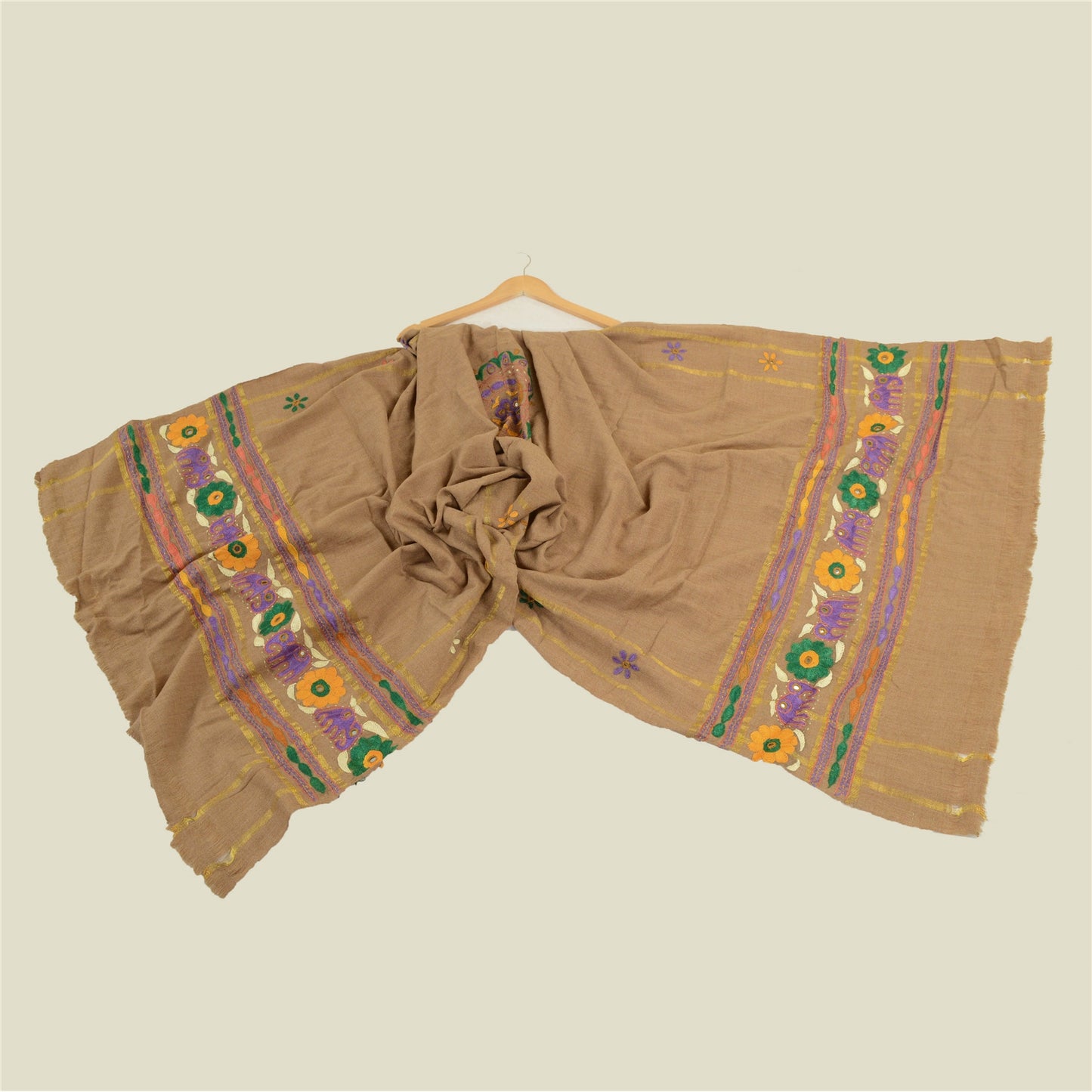 Sanskriti Vintage Long Shawl Brown Woollen Hand Embroidered Scarf Stole