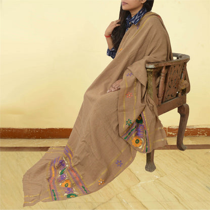 Sanskriti Vintage Long Shawl Brown Woollen Hand Embroidered Scarf Stole