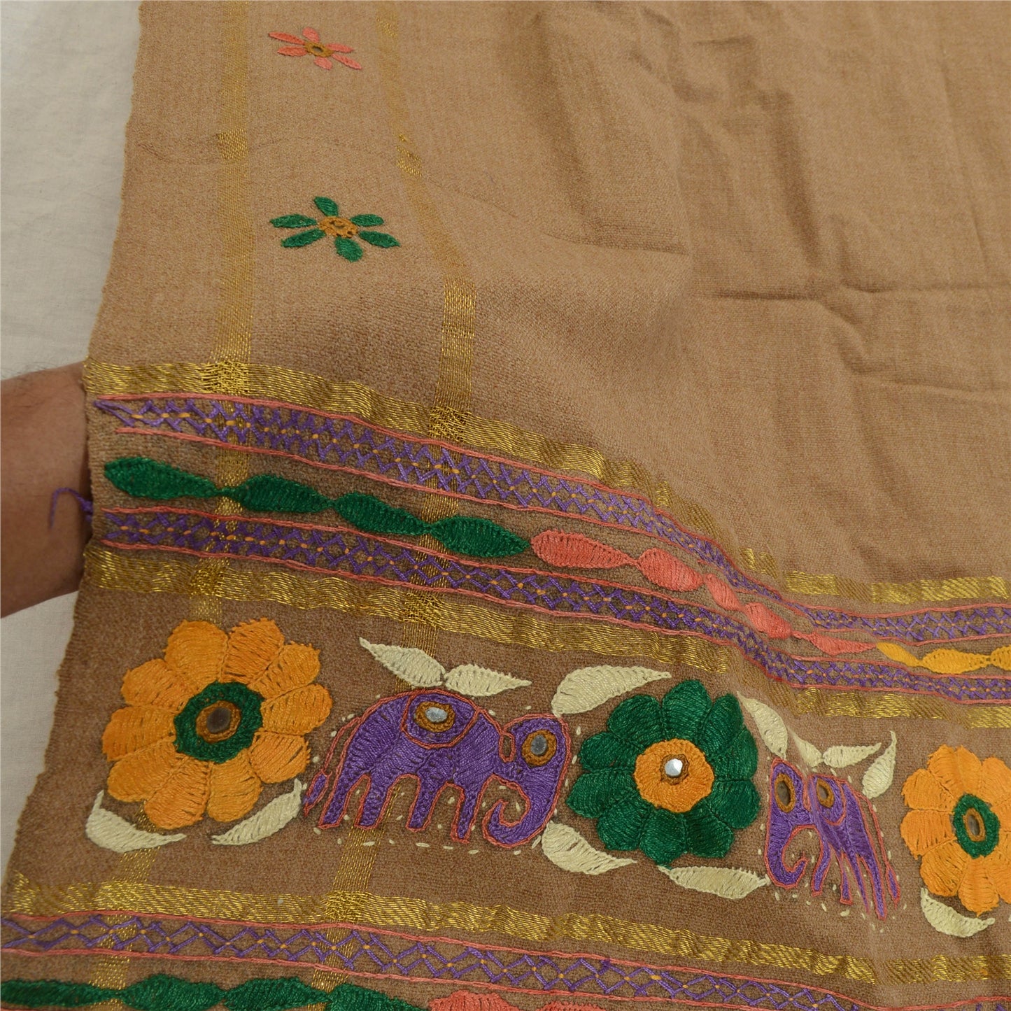 Sanskriti Vintage Long Shawl Brown Woollen Hand Embroidered Scarf Stole