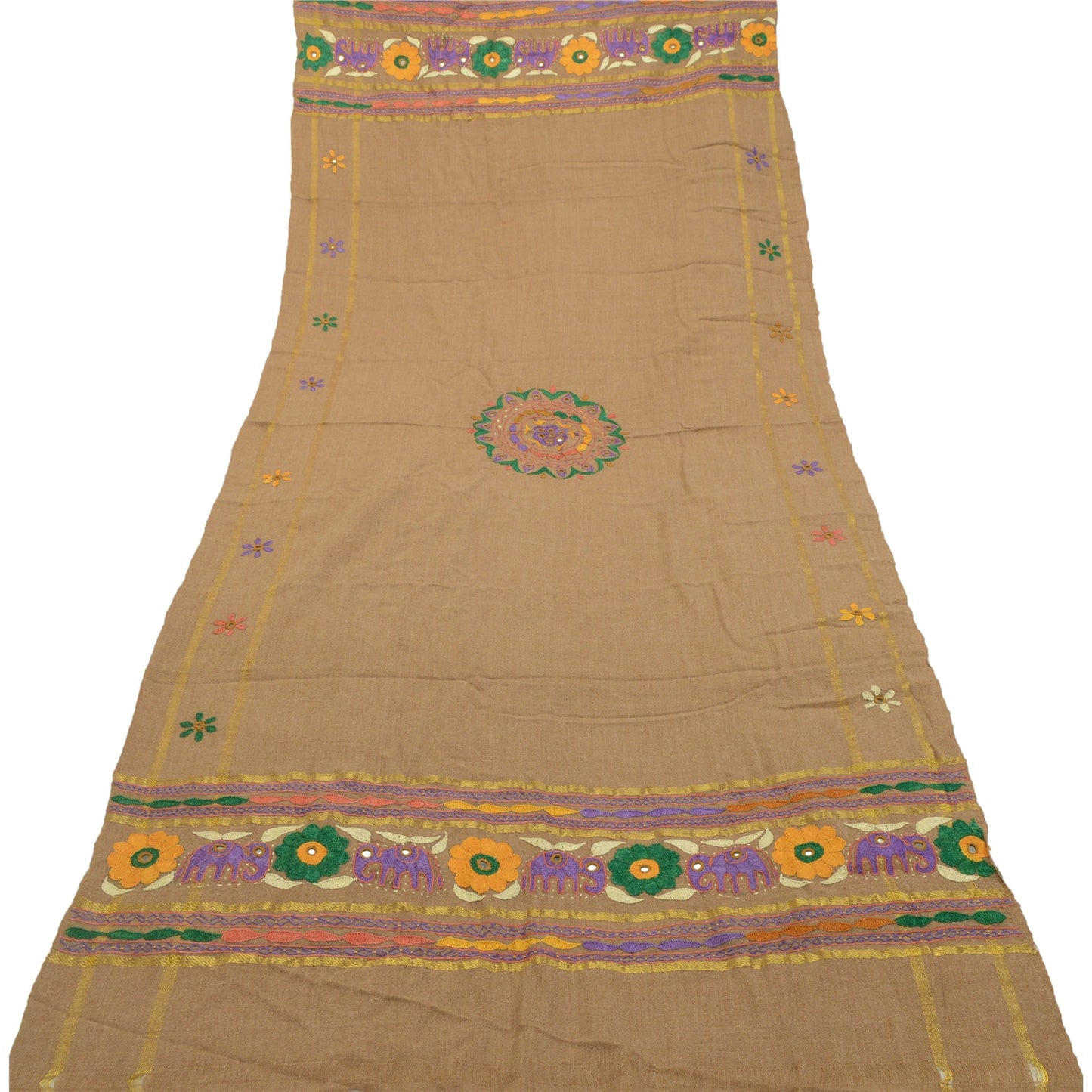 Sanskriti Vintage Long Shawl Brown Woollen Hand Embroidered Scarf Stole