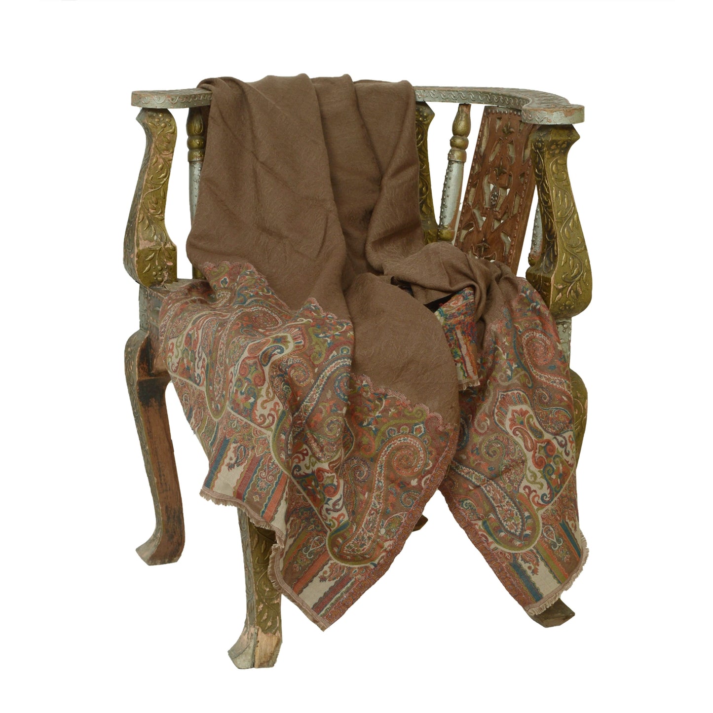 Sanskriti Vintage Long Brown Shawl Pure Woollen Woven Scarf Throw Soft Stole
