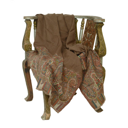 Sanskriti Vintage Long Brown Shawl Pure Woollen Woven Scarf Throw Soft Stole