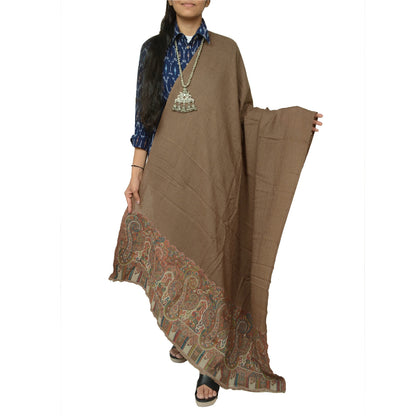 Sanskriti Vintage Long Brown Shawl Pure Woollen Woven Scarf Throw Soft Stole