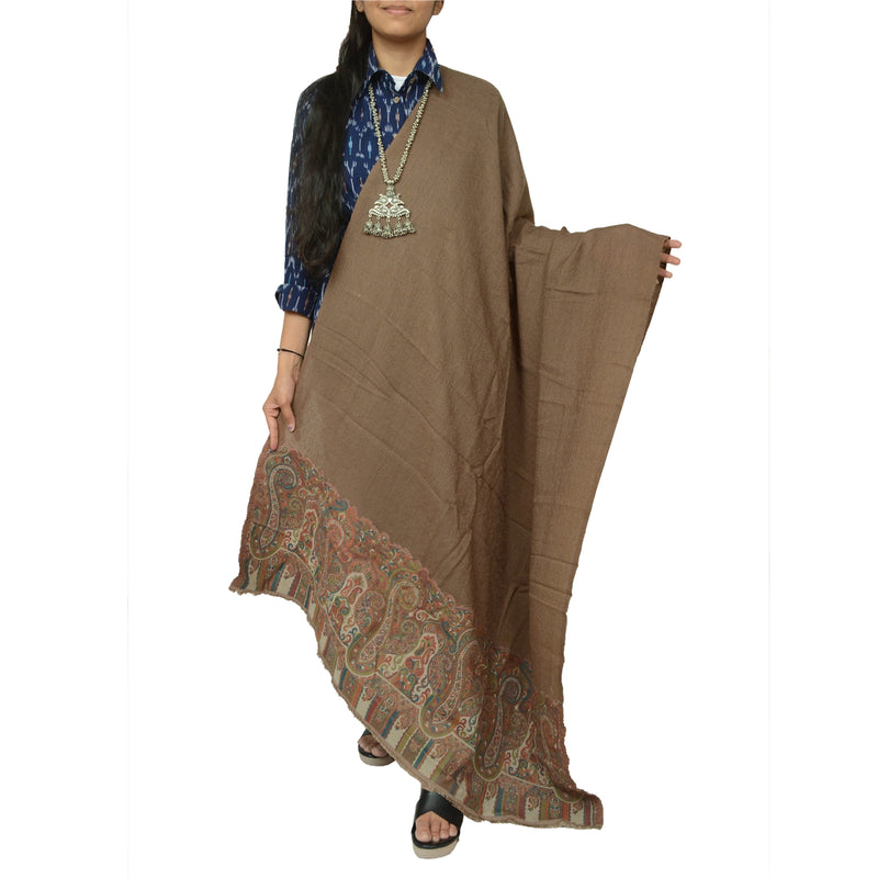 Sanskriti Vintage Long Brown Shawl Pure Woollen Woven Scarf Throw Soft Stole