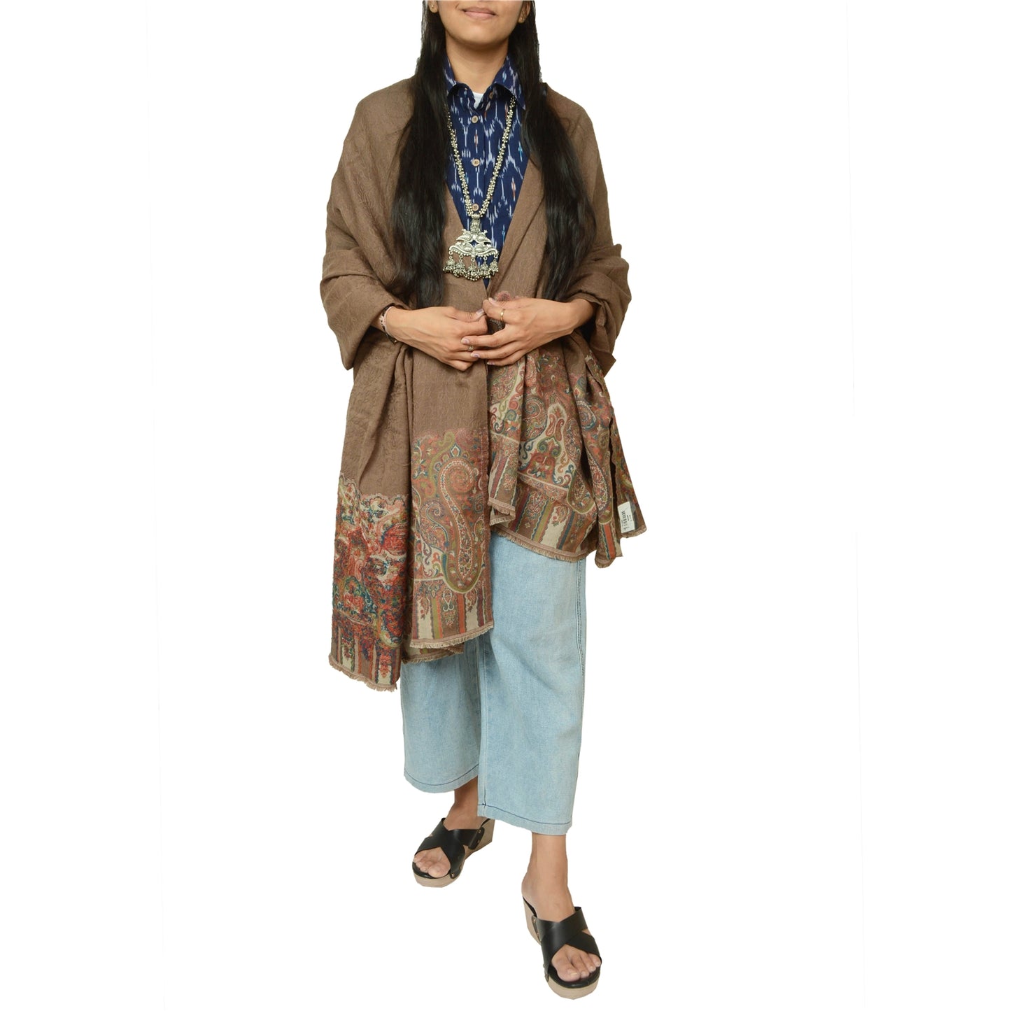 Sanskriti Vintage Long Brown Shawl Pure Woollen Woven Scarf Throw Soft Stole