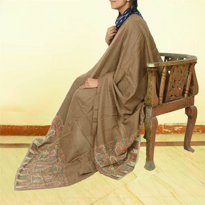 Sanskriti Vintage Long Brown Shawl Pure Woollen Woven Scarf Throw Soft Stole