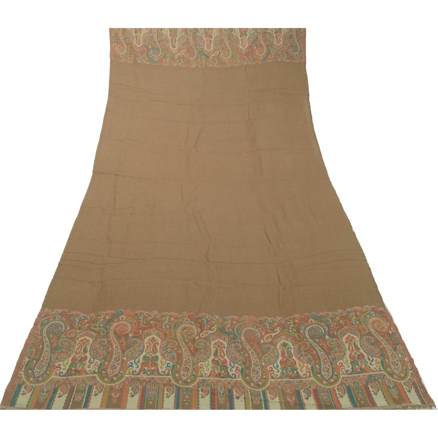 Sanskriti Vintage Long Brown Shawl Pure Woollen Woven Scarf Throw Soft Stole