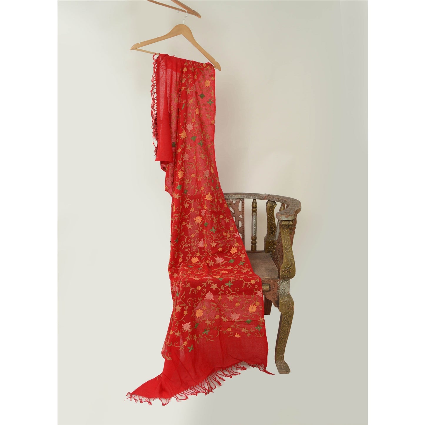 Sanskriti Vintage Long Red Shawl Pure Woollen Handmade Ari Work Scarf Stole