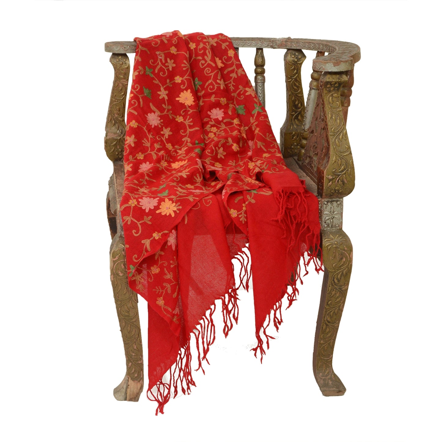 Sanskriti Vintage Long Red Shawl Pure Woollen Handmade Ari Work Scarf Stole