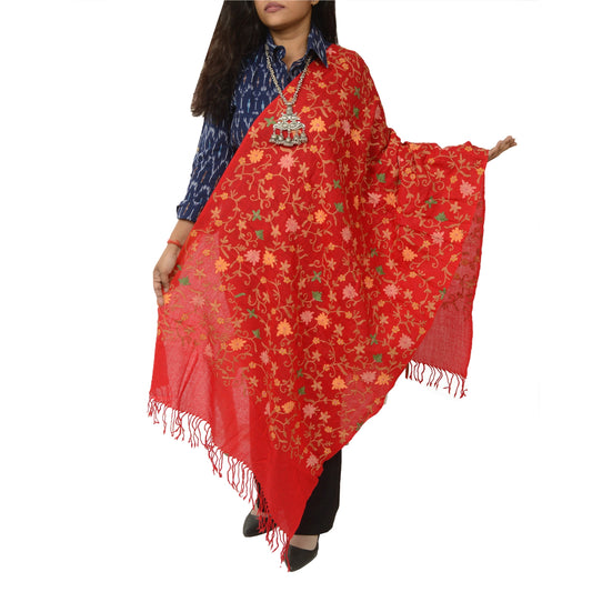 Sanskriti Vintage Long Red Shawl Pure Woollen Handmade Ari Work Scarf Stole