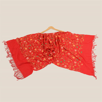 Sanskriti Vintage Long Red Shawl Pure Woollen Handmade Ari Work Scarf Stole
