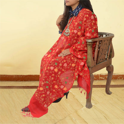 Sanskriti Vintage Long Red Shawl Pure Woollen Handmade Ari Work Scarf Stole