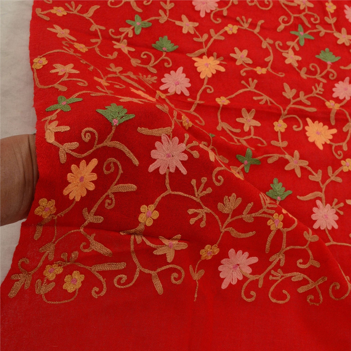 Sanskriti Vintage Long Red Shawl Pure Woollen Handmade Ari Work Scarf Stole