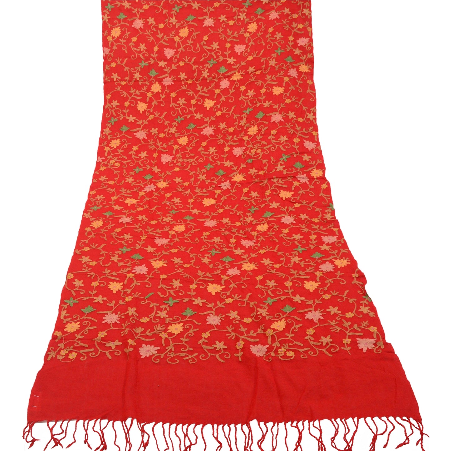 Sanskriti Vintage Long Red Shawl Pure Woollen Handmade Ari Work Scarf Stole