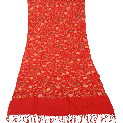 Sanskriti Vintage Long Red Shawl Pure Woollen Handmade Ari Work Scarf Stole