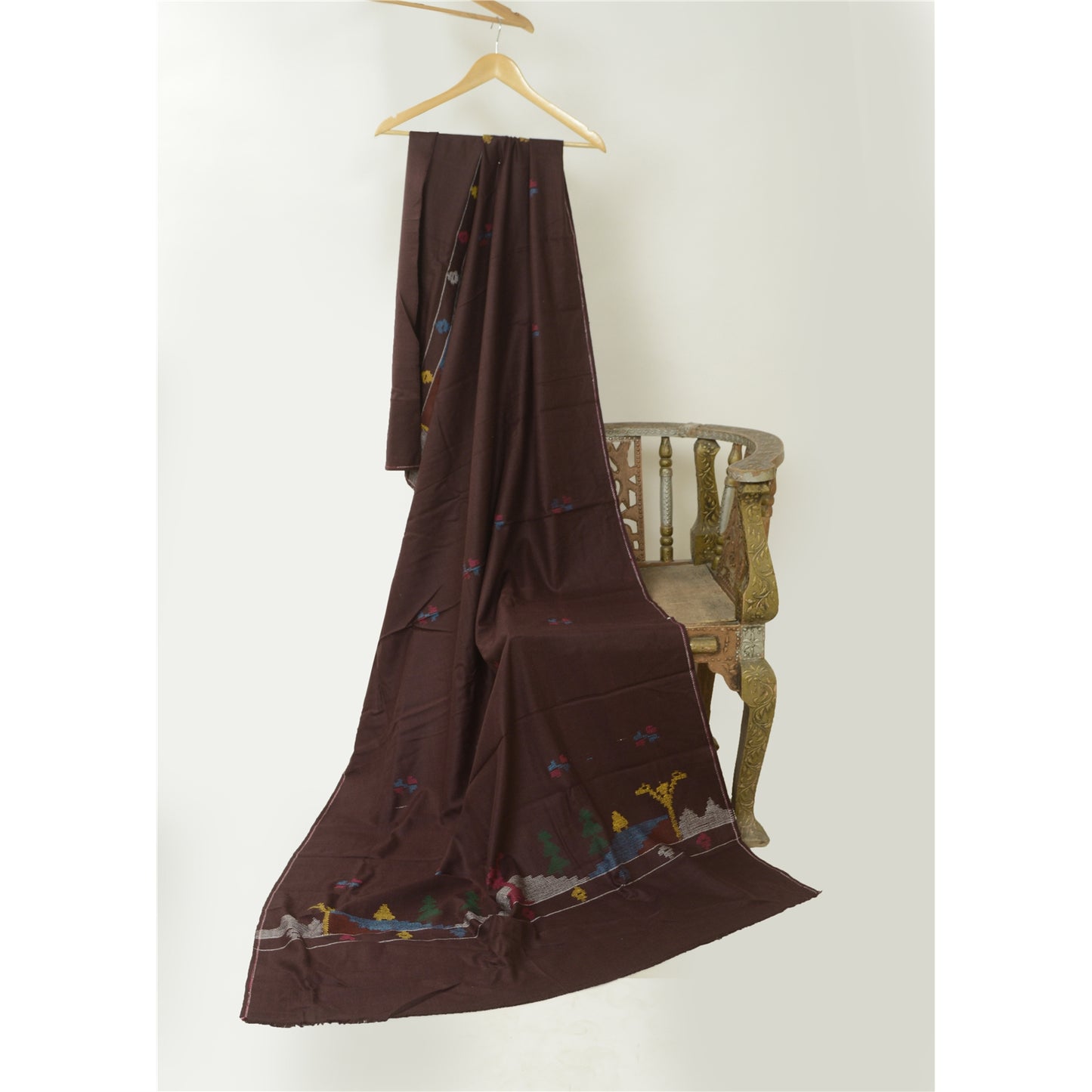 Sanskriti Vintage Pure Woolen Wine Shawl Handmade Kantha Long Throw Stole