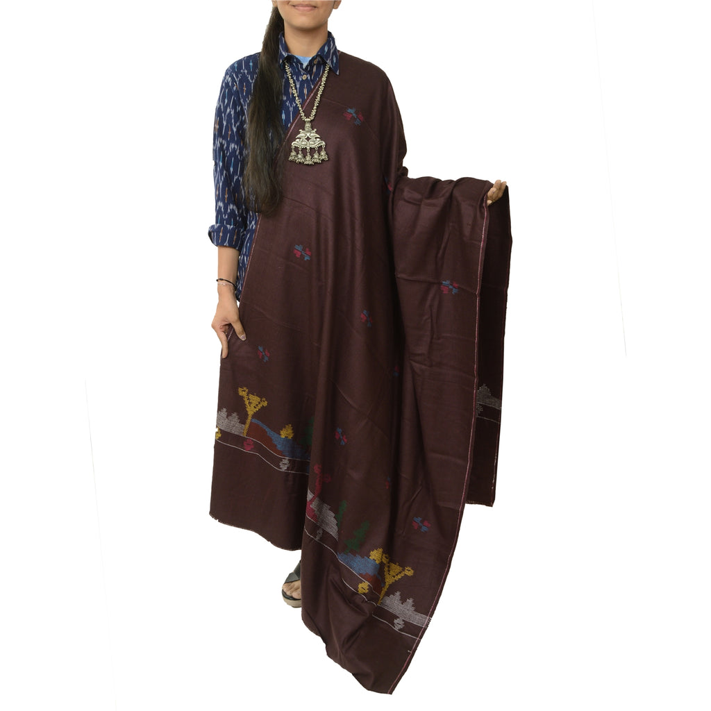 Sanskriti Vintage Pure Woolen Wine Shawl Handmade Kantha Long Throw Stole