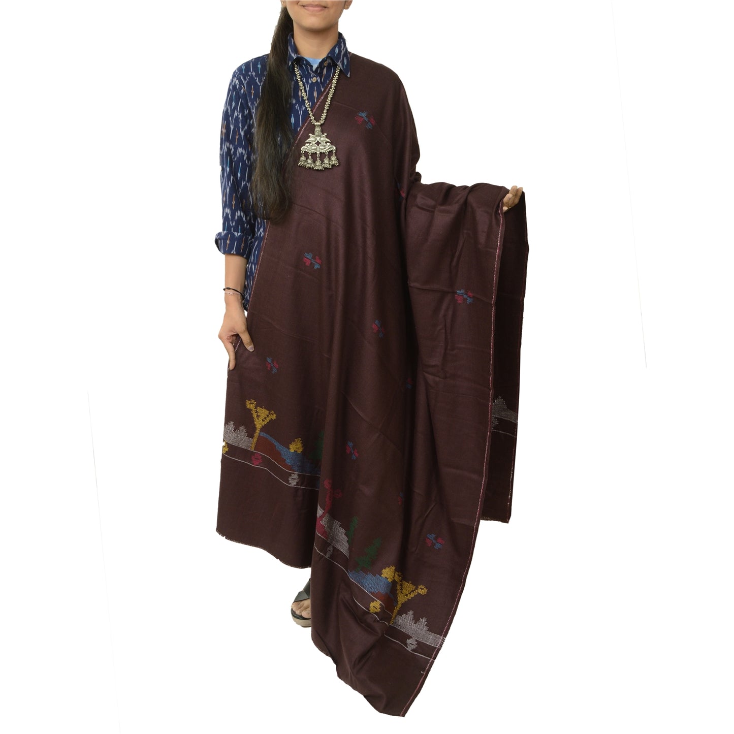 Sanskriti Vintage Pure Woolen Wine Shawl Handmade Kantha Long Throw Stole