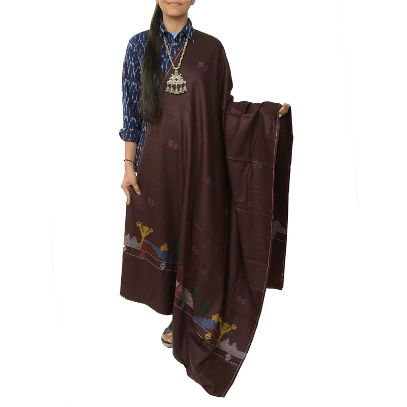 Sanskriti Vintage Pure Woolen Wine Shawl Handmade Kantha Long Throw Stole