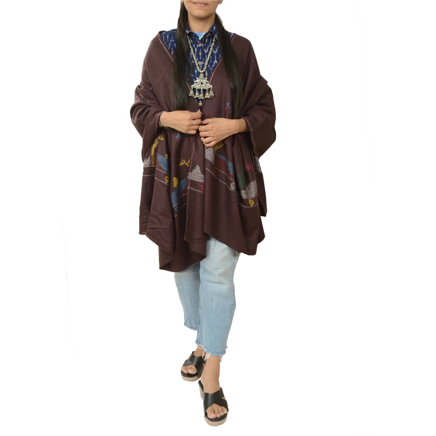 Sanskriti Vintage Pure Woolen Wine Shawl Handmade Kantha Long Throw Stole