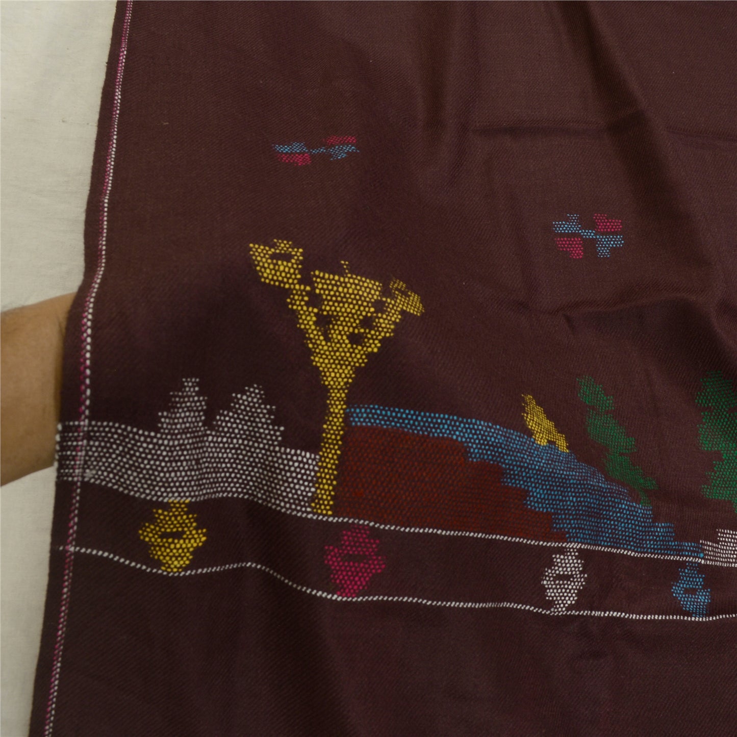 Sanskriti Vintage Pure Woolen Wine Shawl Handmade Kantha Long Throw Stole