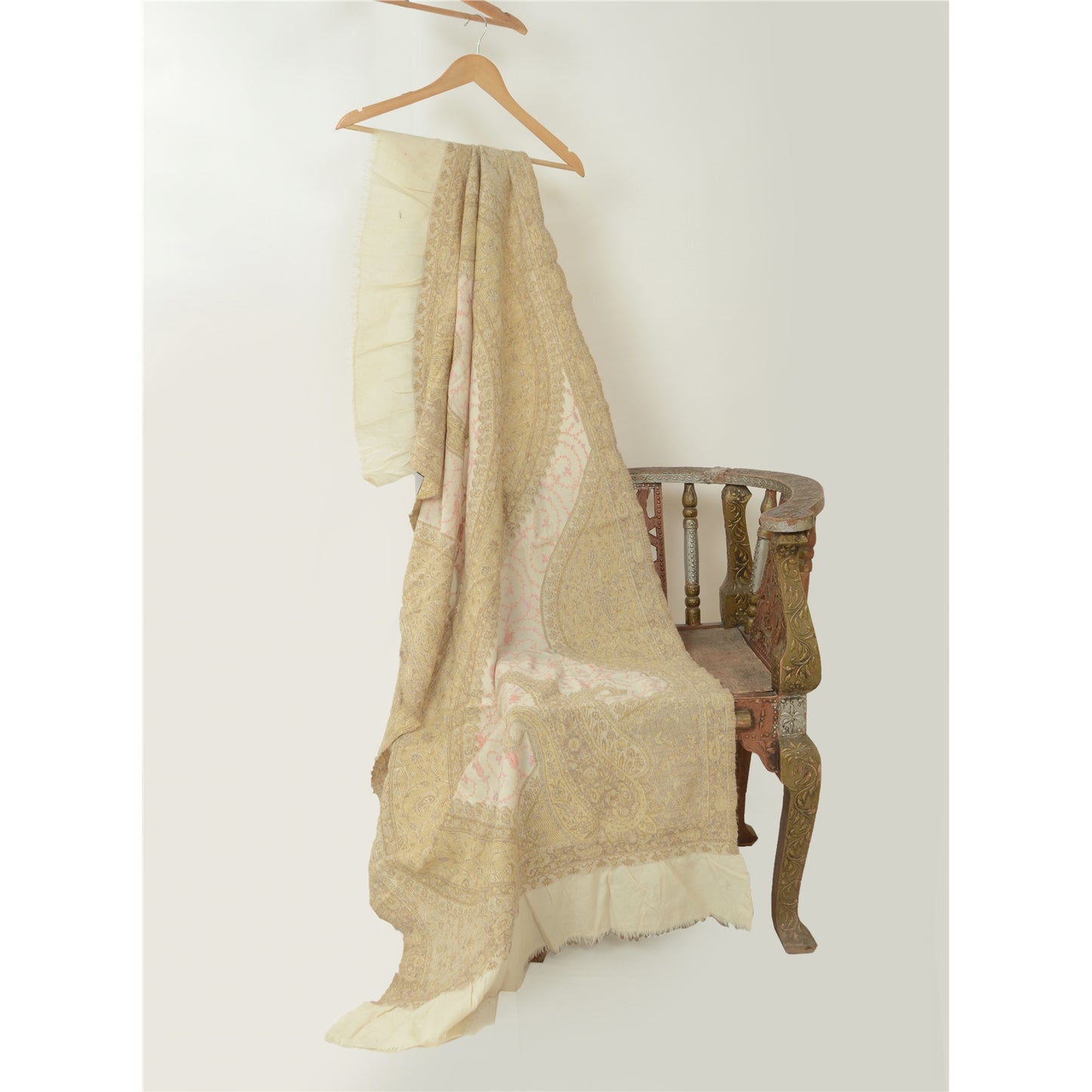 Sanskriti Vintage Long Shawl Ivory Handmade Suzani Pure Woolen Scarf Stole