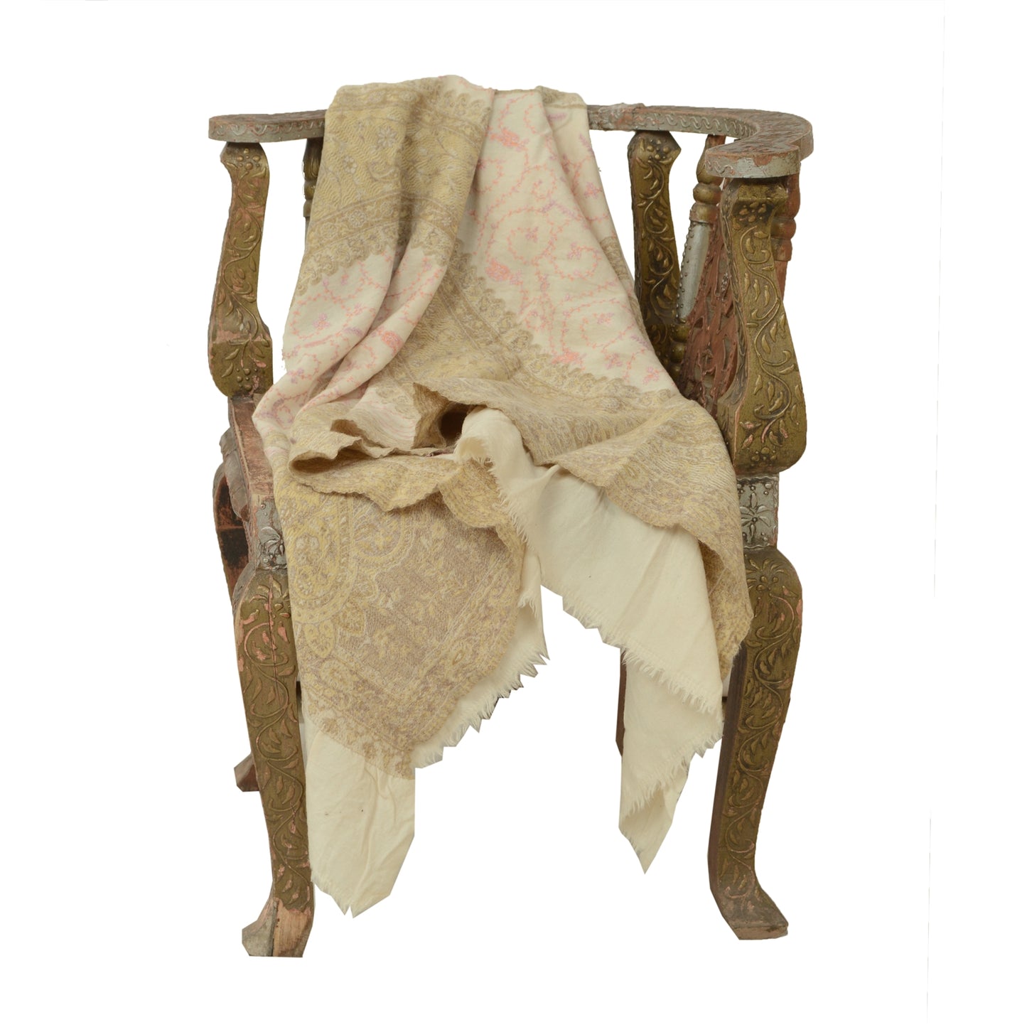 Sanskriti Vintage Long Shawl Ivory Handmade Suzani Pure Woolen Scarf Stole