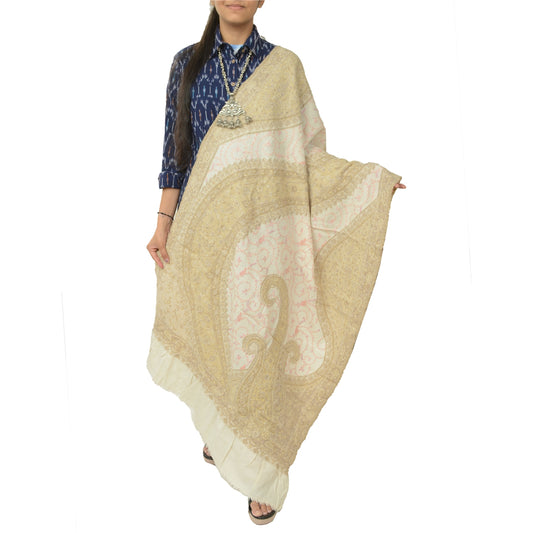 Sanskriti Vintage Long Shawl Ivory Handmade Suzani Pure Woolen Scarf Stole