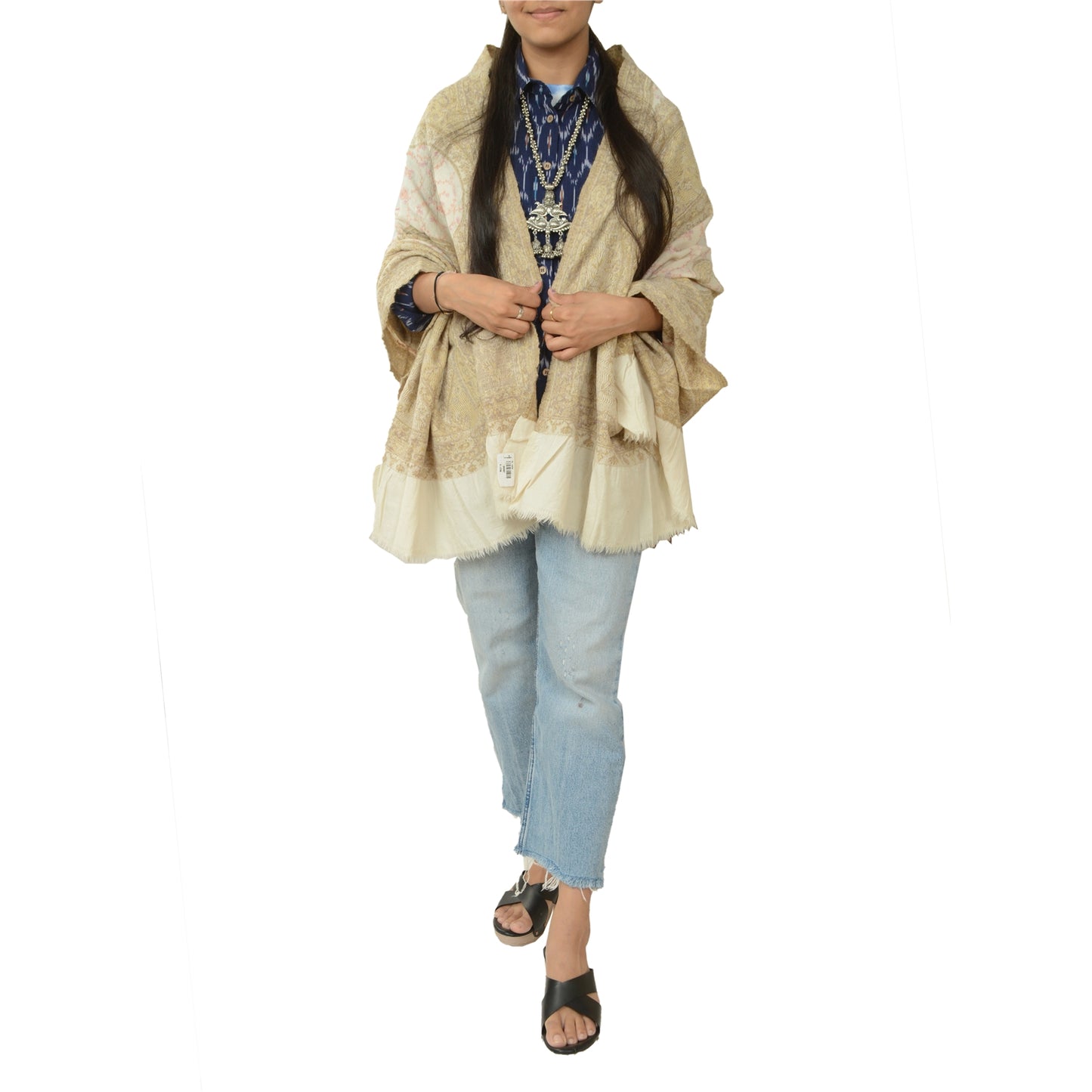 Sanskriti Vintage Long Shawl Ivory Handmade Suzani Pure Woolen Scarf Stole