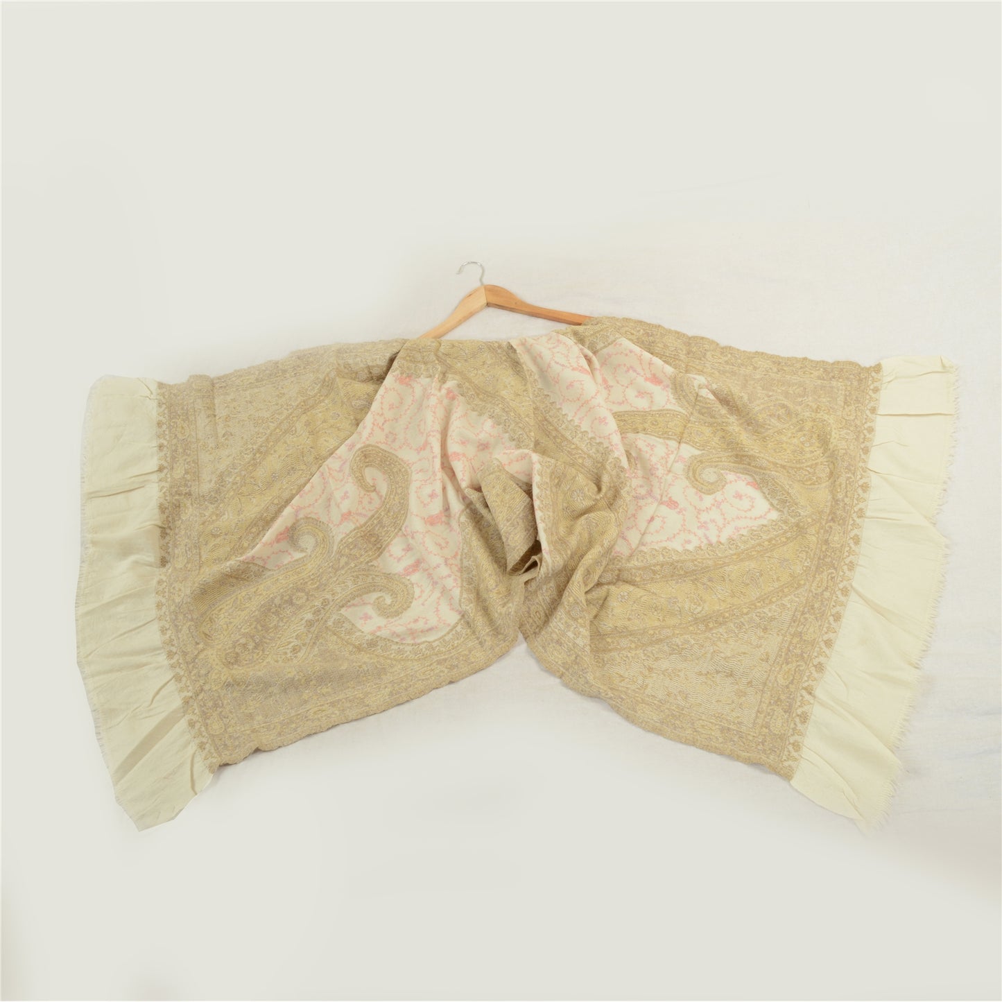 Sanskriti Vintage Long Shawl Ivory Handmade Suzani Pure Woolen Scarf Stole
