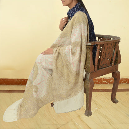 Sanskriti Vintage Long Shawl Ivory Handmade Suzani Pure Woolen Scarf Stole
