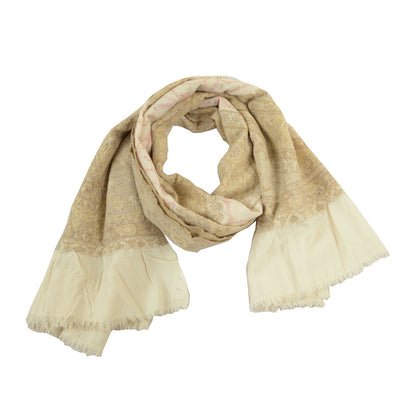 Sanskriti Vintage Long Shawl Ivory Handmade Suzani Pure Woolen Scarf Stole