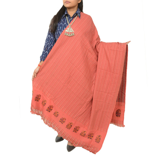 Sanskriti Vintage Coral Woollen Hand-Woven Shawl Long Throw Soft Stole