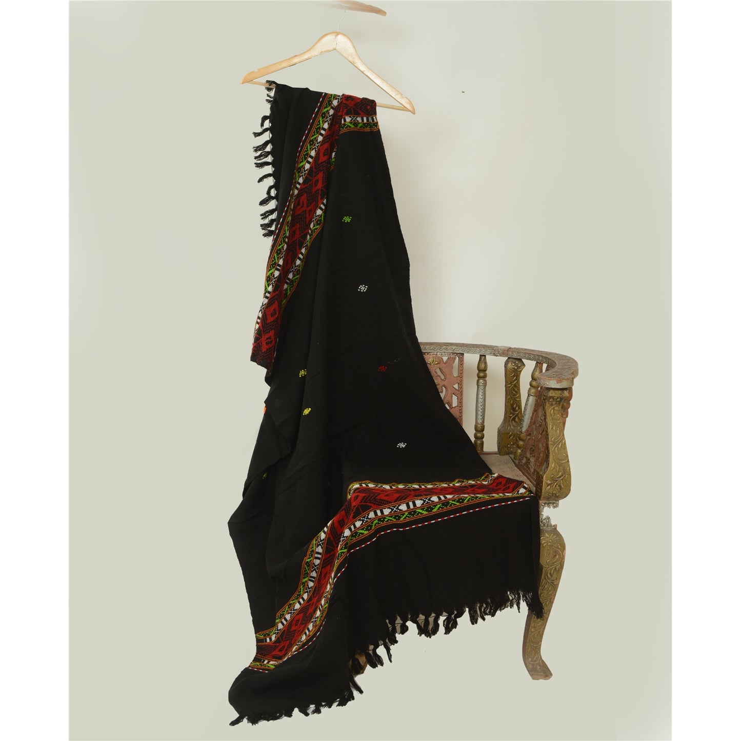 Sanskriti Vintage Black Woolen Hand Embroidered Kullu Shawl Long Throw Stole upholstery fabric