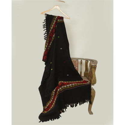 Sanskriti Vintage Black Woolen Hand Embroidered Kullu Shawl Long Throw Stole upholstery fabric